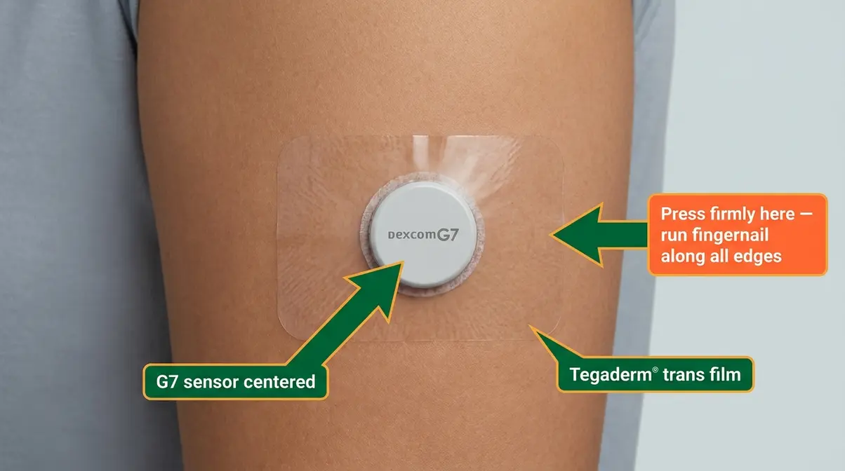 Dexcom Hot Tub Safe? G6 & G7 Complete Guide (2026) 6 Dexcom G7 sensor with Tegaderm overpatch applied correctly showing smooth edges for hot tub waterproofing