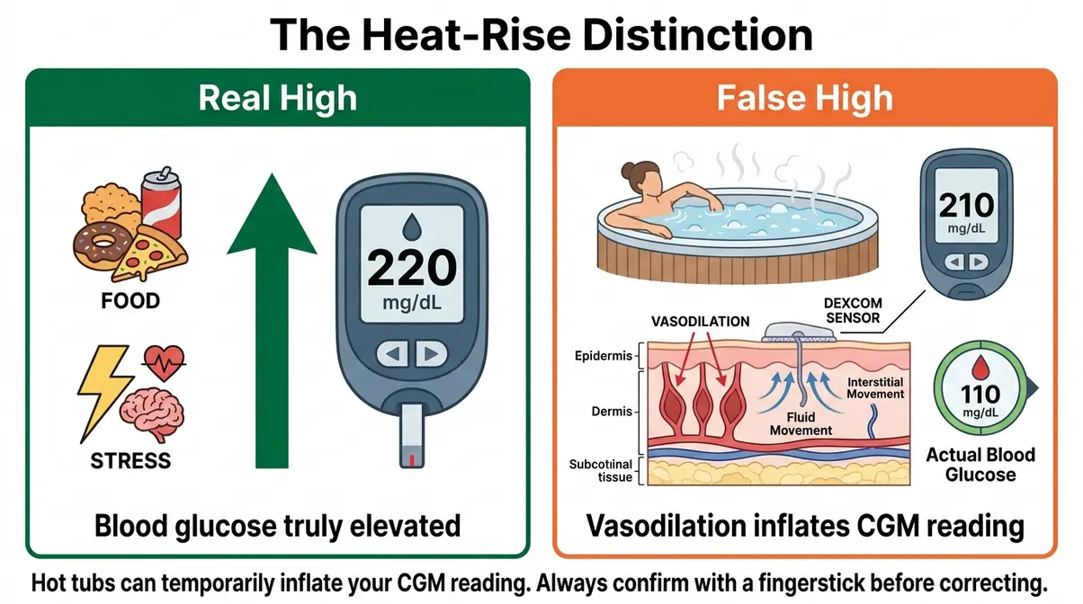 Dexcom Hot Tub Safe? G6 & G7 Complete Guide (2026) 3 Dexcom hot tub false high reading versus real blood glucose spike infographic showing vasodilation