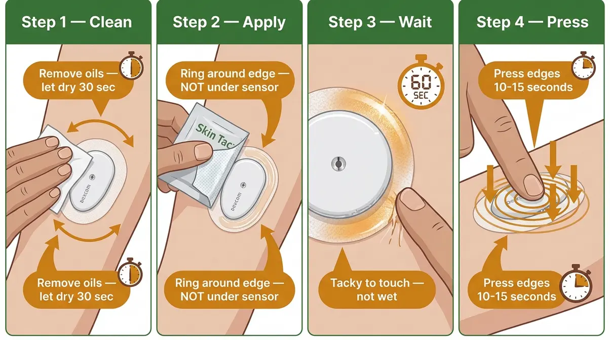Dexcom Hot Tub Safe? G6 & G7 Complete Guide (2026) 5 How to apply Skin Tac around Dexcom sensor before hot tub use step by step diagram