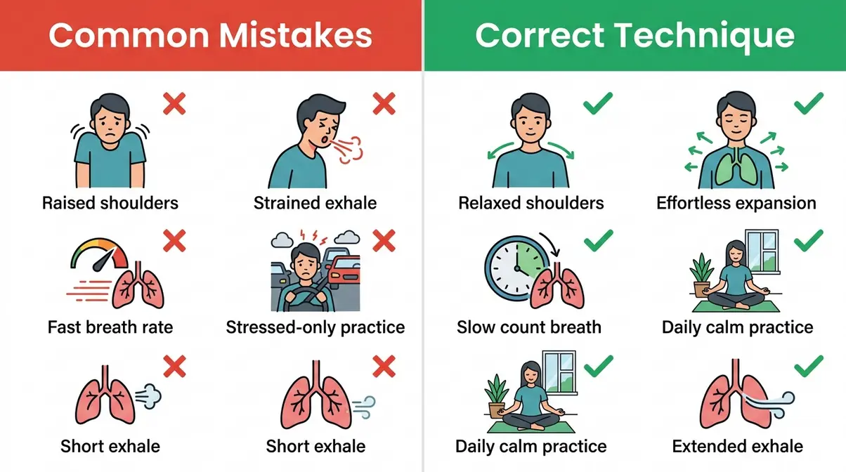 Illustration comparing common diaphragmatic breathing mistakes versus correct technique