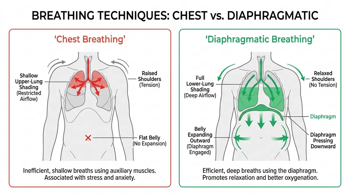 Diagram comparing chest breathing and diaphragmatic breathing techniques side by side