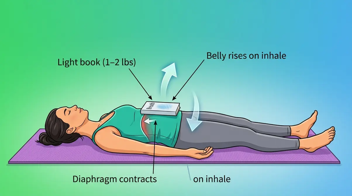 Person lying down with book on belly performing diaphragm resistance breathing exercise