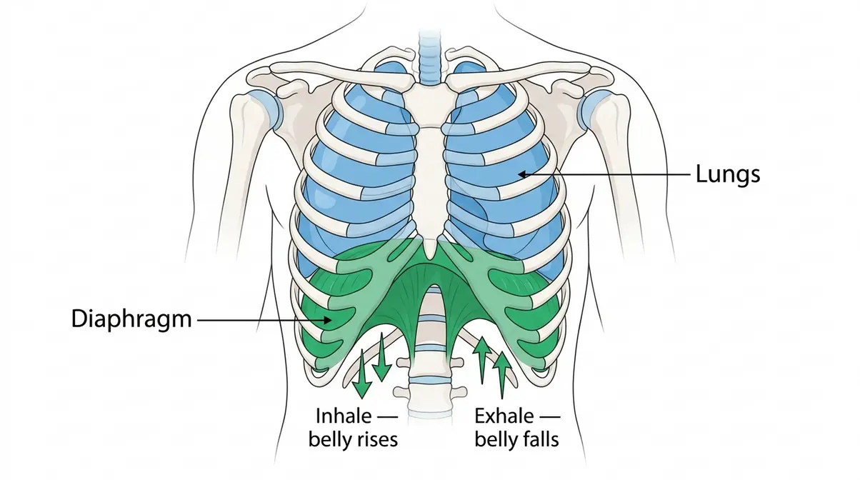 Anatomical illustration of the diaphragm muscle beneath the lungs showing breathing mechanics
