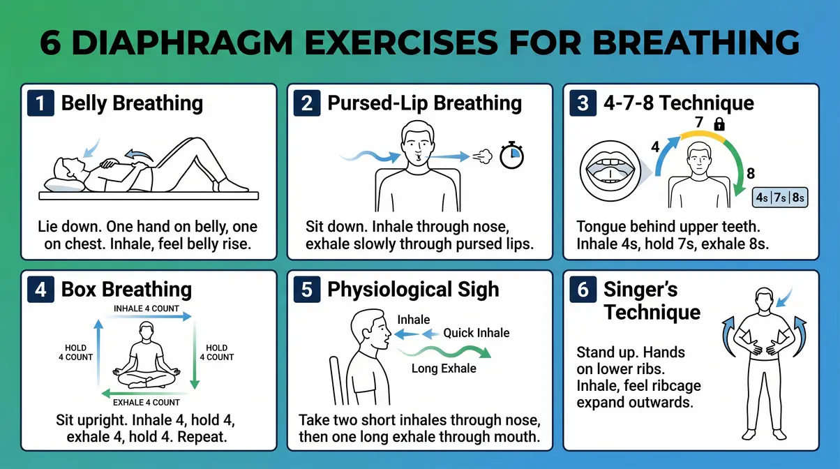 Step-by-step guide to 6 diaphragm exercises for breathing with body position illustrations