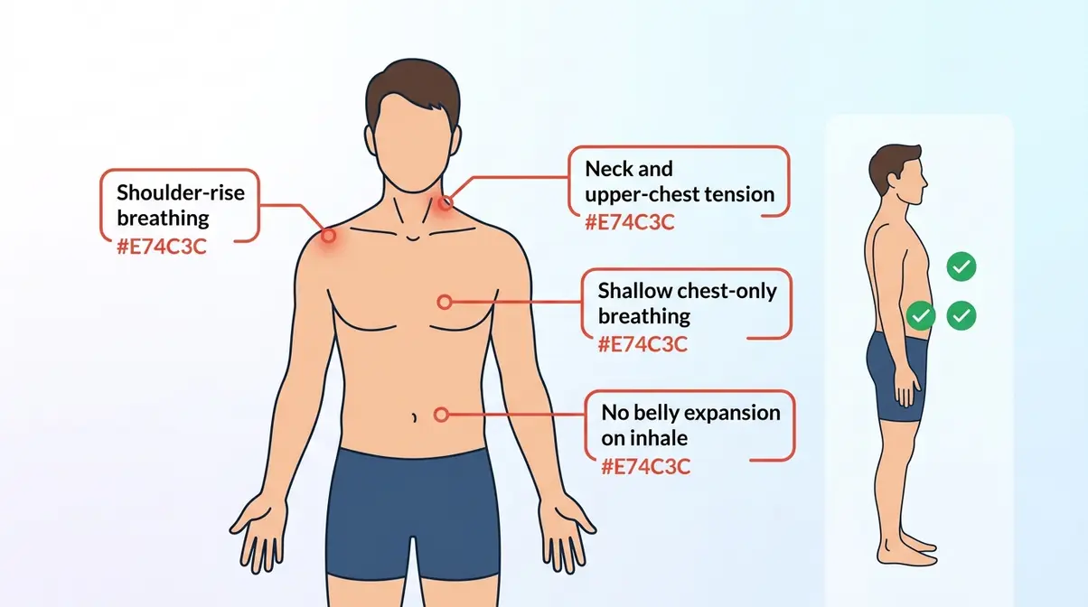 Illustration showing signs of a weak diaphragm including shoulder rise and neck tension