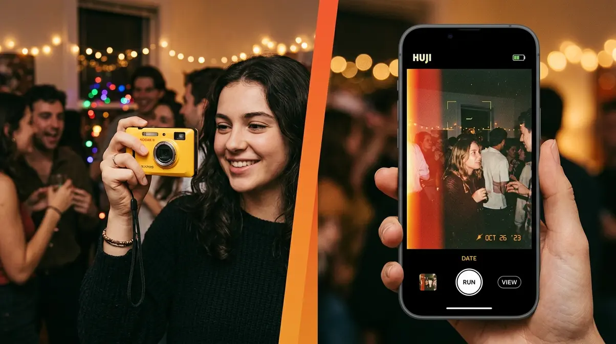 Digital disposable camera and film look phone app side by side showing instant photo alternatives