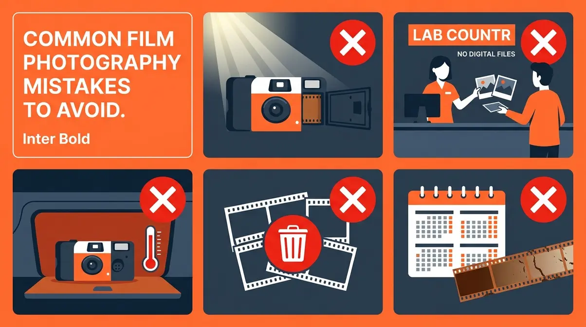 Five common disposable camera film development mistakes illustrated with warning icons