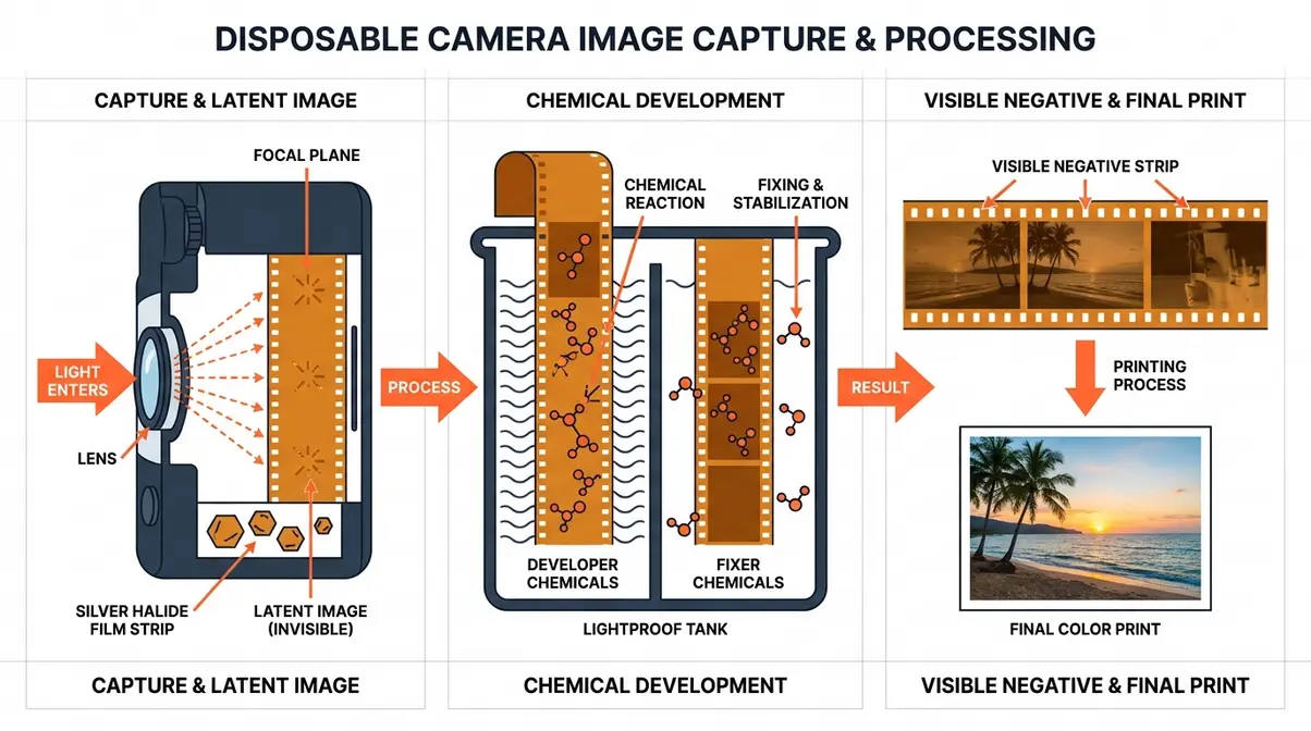 Diagram showing how disposable camera film captures light and stores images before chemical development