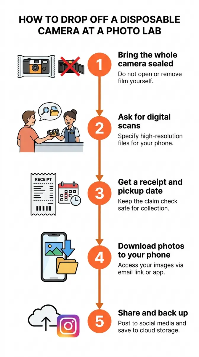 Step-by-step visual guide for dropping off a disposable camera at a photo lab to get digital scans