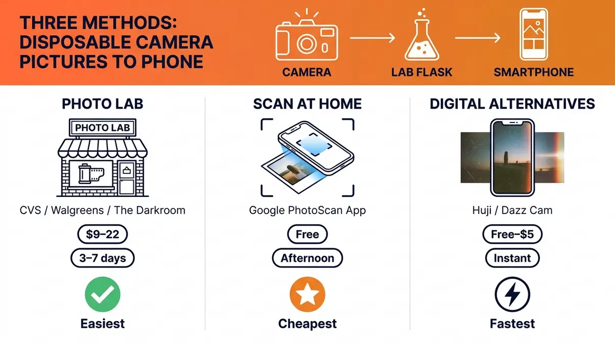 Infographic comparing three methods to get disposable camera pictures on phone with cost and time