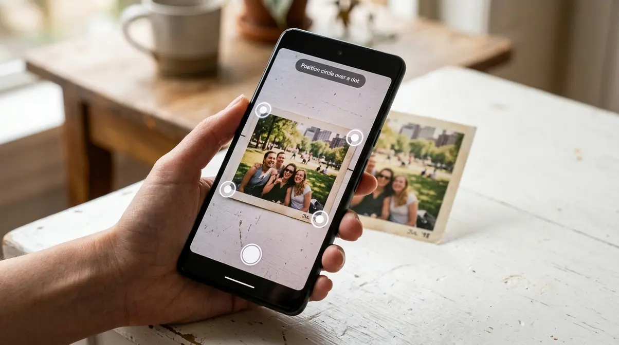 Smartphone screen showing Google PhotoScan app scanning a disposable camera film print