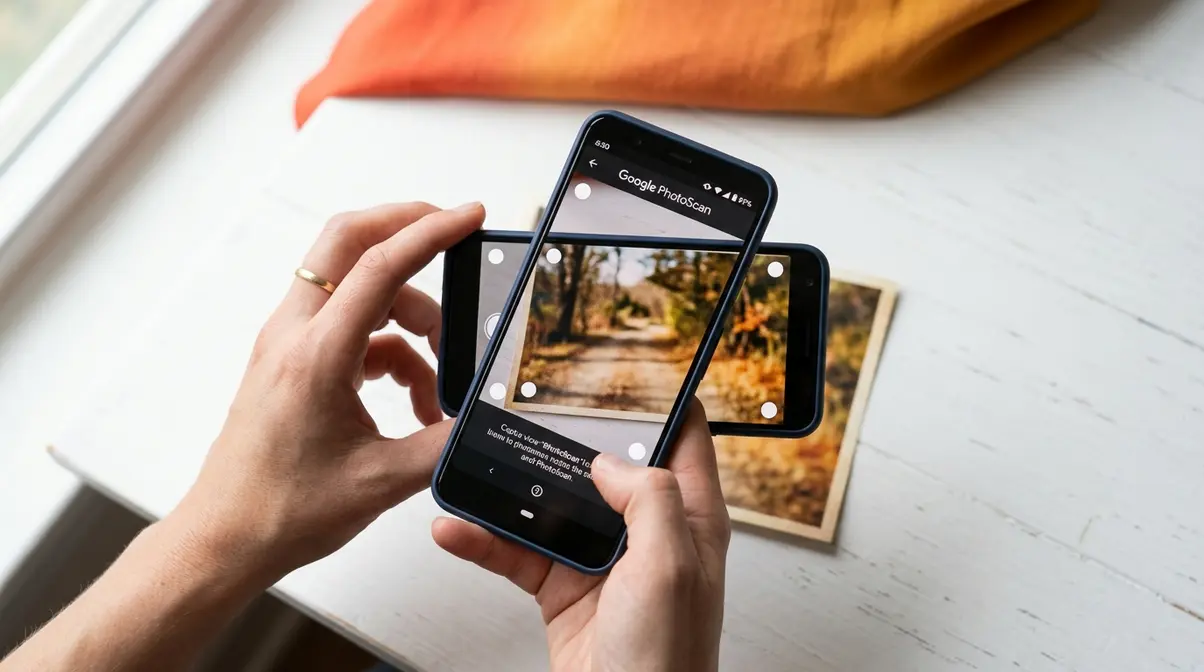 Hands holding a smartphone over a printed photo using Google PhotoScan app to digitize film prints