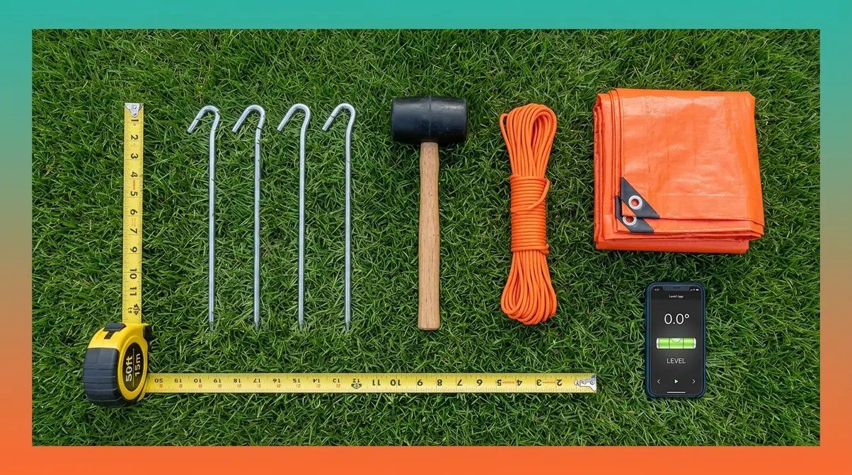 DIY wedding tent preparation tools including measuring tape, stakes, mallet, paracord, and tarp laid out on grass
