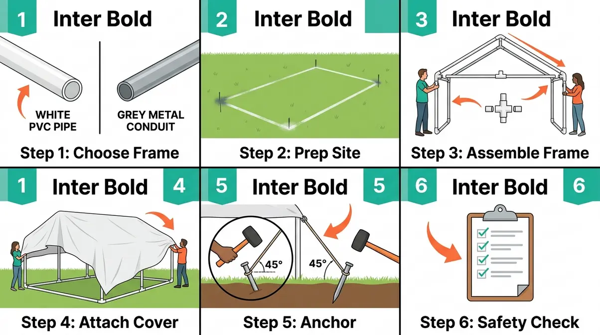 Six-step DIY wedding tent frame assembly illustration from site prep to final safety check