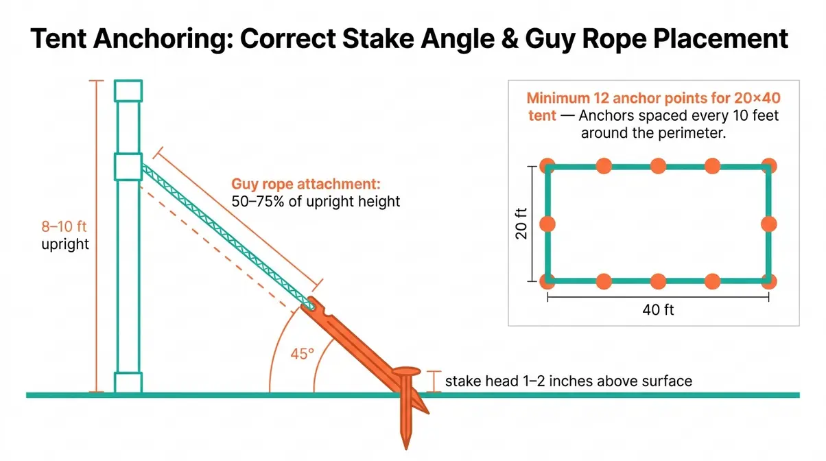 Diagram showing correct 45-degree tent stake angle and guy rope attachment points for a DIY wedding tent