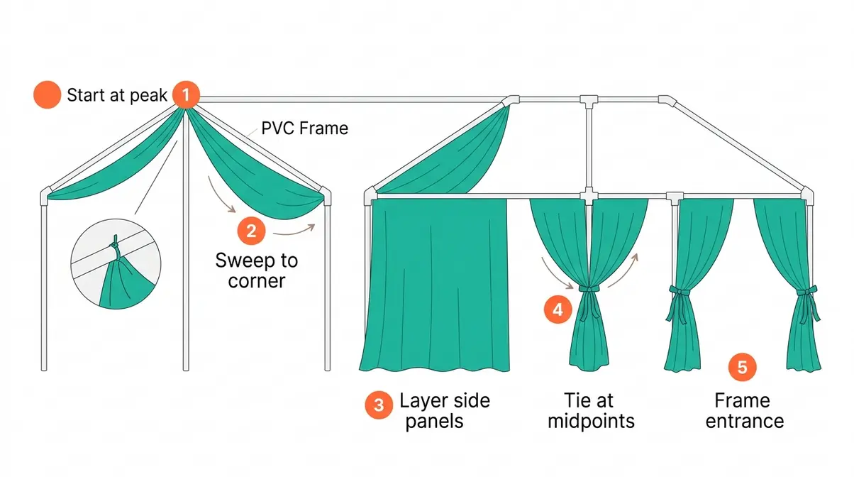 Tent draping diagram showing five-step peak-to-corner swag method for DIY wedding tent decoration