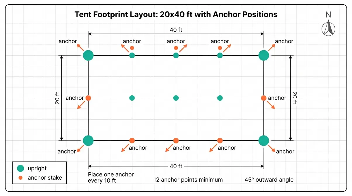 DIY wedding tent footprint diagram showing 20x40 layout with stake anchor positions every 10 feet