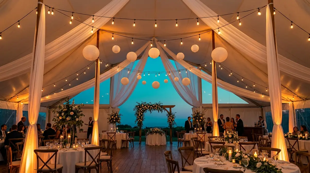 Decorated DIY wedding tent interior with Edison string lights, chiffon draping, and greenery entrance arch