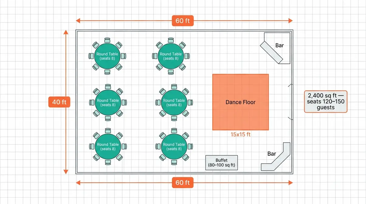 Wedding tent sizing floor plan showing 40x60 layout with tables, dance floor, buffet, and bar for 150 guests