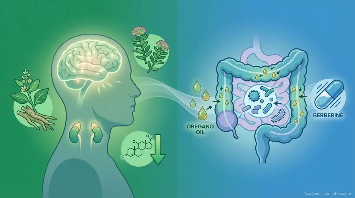 Adaptogenic herbs for stress and gut health showing ashwagandha cortisol reduction and oregano oil SIBO antimicrobial action