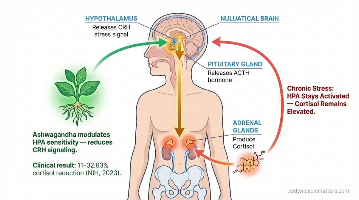 Anatomical diagram of HPA axis stress pathway showing how ashwagandha reduces cortisol at hypothalamus pituitary adrenal gland levels
