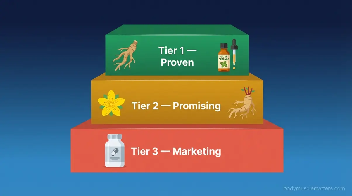 Three-tier evidence pyramid showing herbal supplements ranked from Tier 1 proven clinical evidence to Tier 3 marketing hype