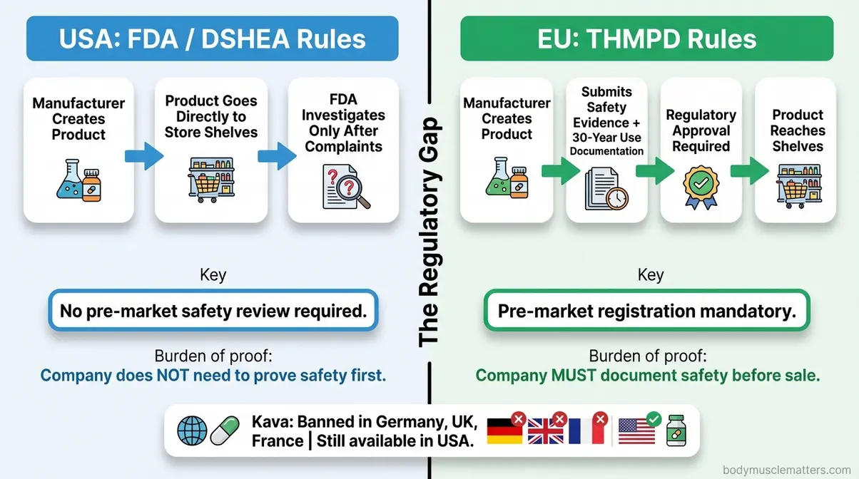 FDA versus EU herbal supplement regulation comparison flowchart showing DSHEA versus THMPD pre-market approval differences