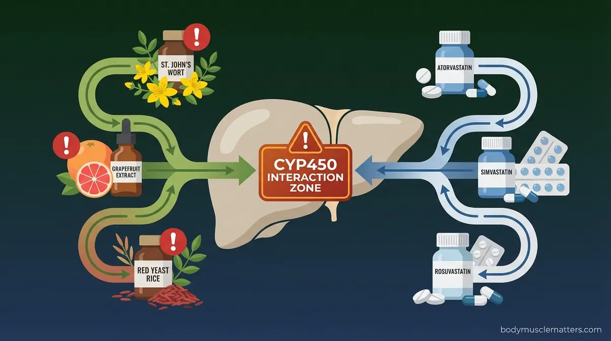Medical diagram of herb and statin drug interactions through the liver CYP450 enzyme system with safety warning indicators
