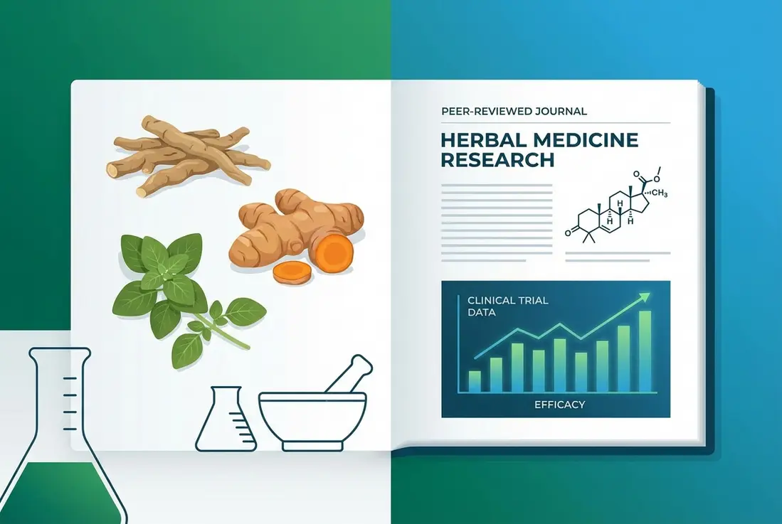 Herbal supplement science showing botanical plants alongside clinical trial data charts and molecular research symbols