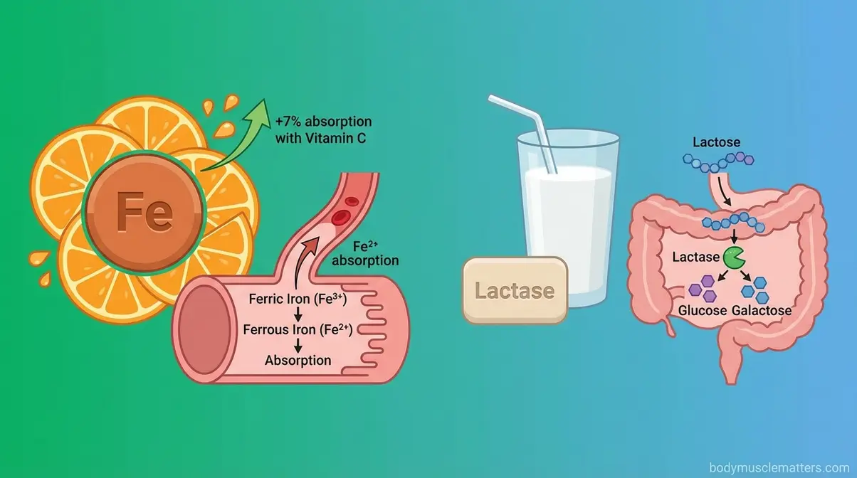 Iron supplement absorption mechanism with vitamin C and lactase enzyme breaking down lactose for digestive health