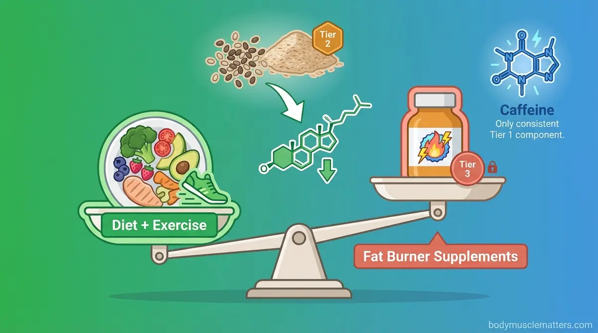 Weight loss supplement evidence scale showing diet and exercise outweighing fat burner supplements with chia seeds and soluble fiber as Tier 2