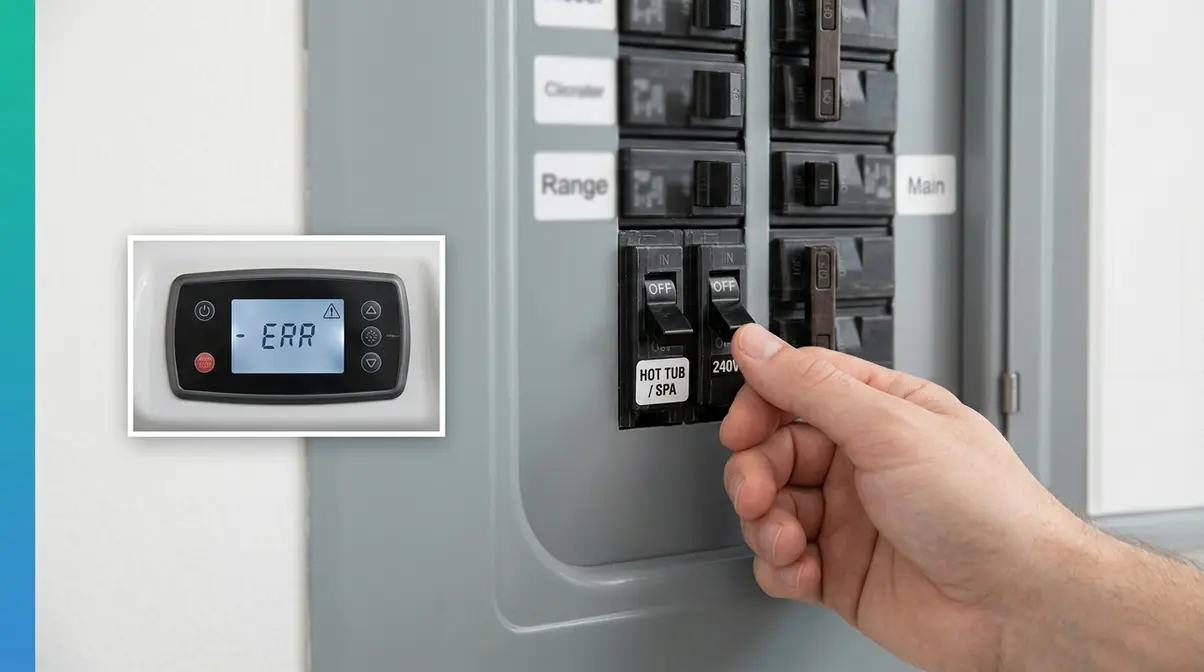 Homeowner switching off hot tub circuit breaker during step-by-step jets won't turn off diagnostic