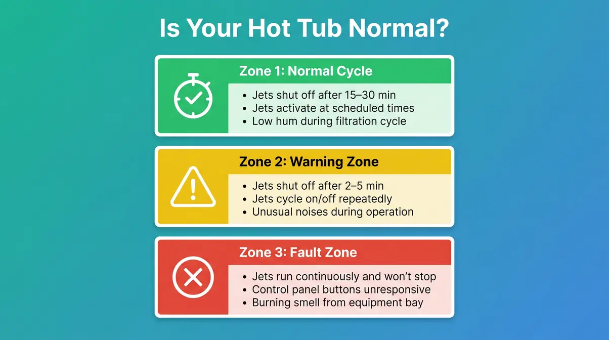 Hot tub jet behavior diagnostic checklist comparing normal automatic shutoff timers to malfunction warning signs