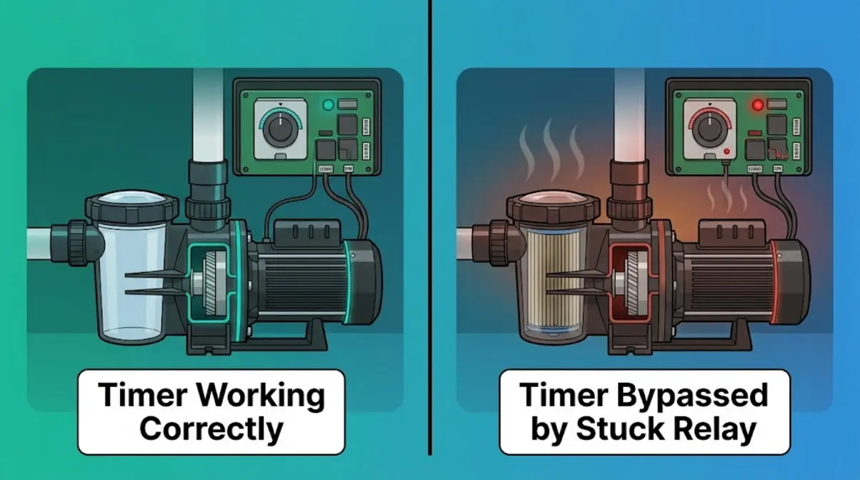 Hot tub pump equipment bay showing working automatic timer versus stuck relay fault condition side by side