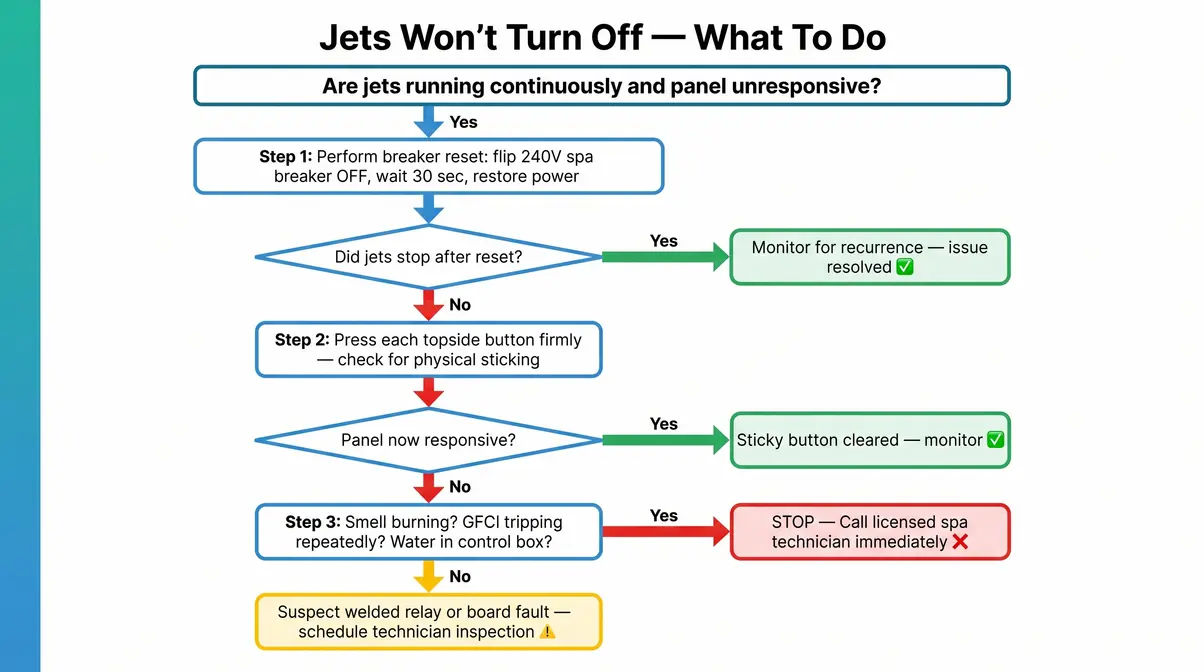 Hot tub jets won't turn off troubleshooting flowchart with breaker reset and technician call decision points