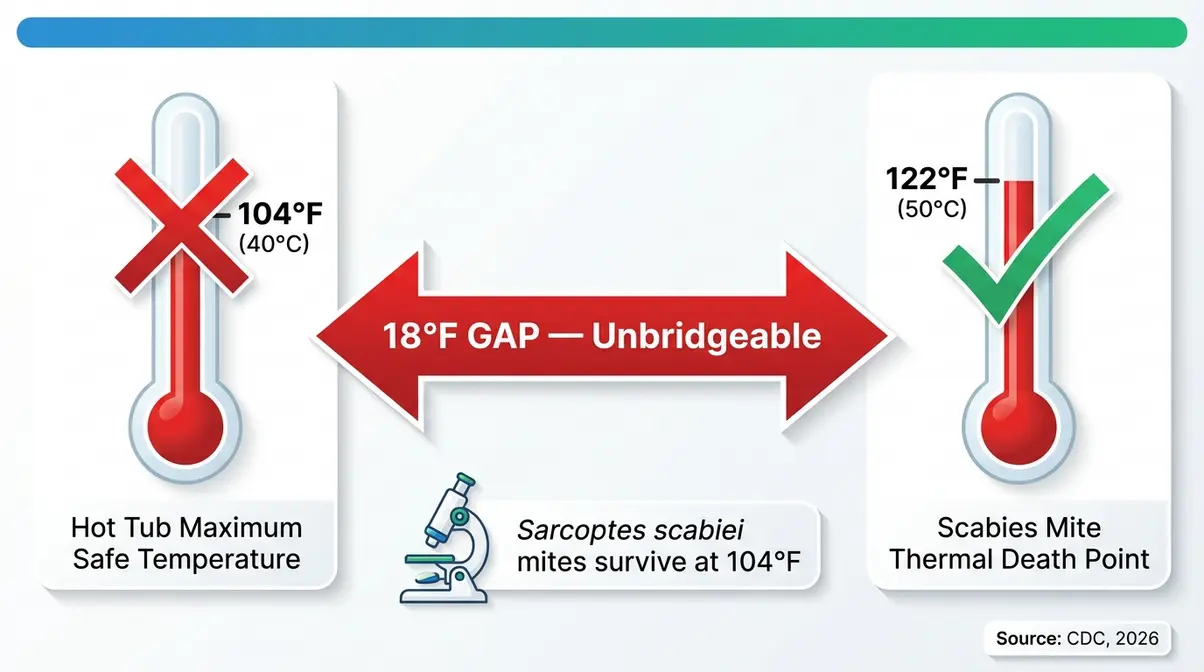 Do Hot Tubs Kill Scabies? A Medical Expert Explains 2 Temperature infographic comparing 104°F hot tub maximum versus 122°F scabies mite kill threshold showing the 18-degree gap