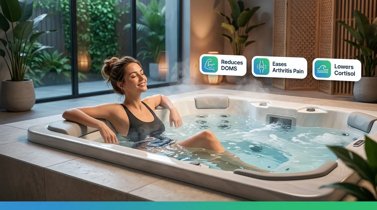 Do Hot Tubs Kill Scabies? A Medical Expert Explains 3 Person relaxing in hot tub with hydrotherapy benefit badges for muscle recovery and inflammation relief