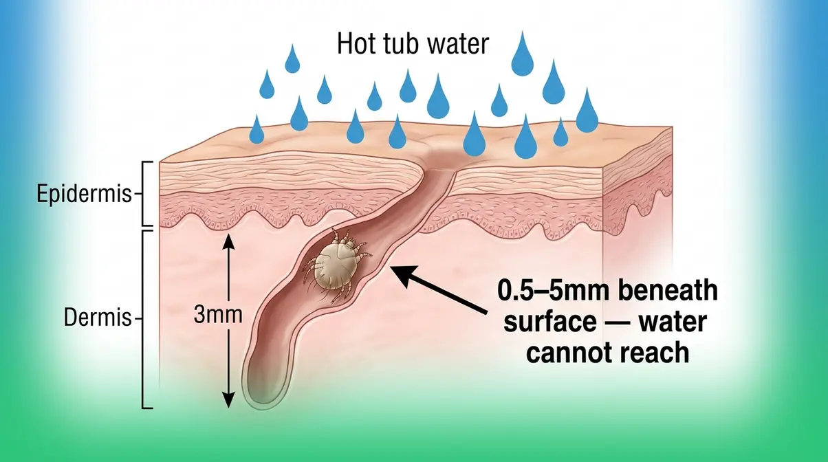 Do Hot Tubs Kill Scabies? A Medical Expert Explains 1 Medical cross-section showing scabies mite burrowed beneath skin surface beyond reach of hot tub water