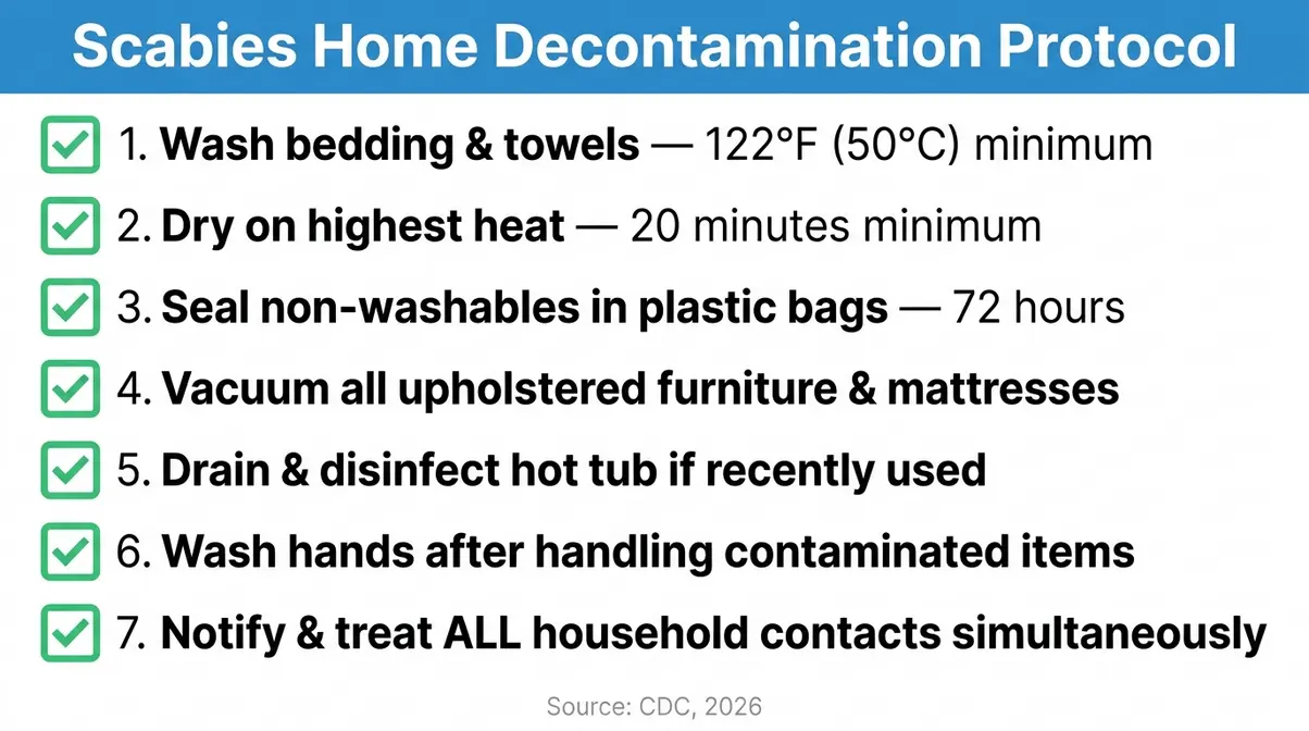 Do Hot Tubs Kill Scabies? A Medical Expert Explains 5 Seven-step scabies home decontamination checklist showing 122°F wash temperature and 72-hour bagging protocol