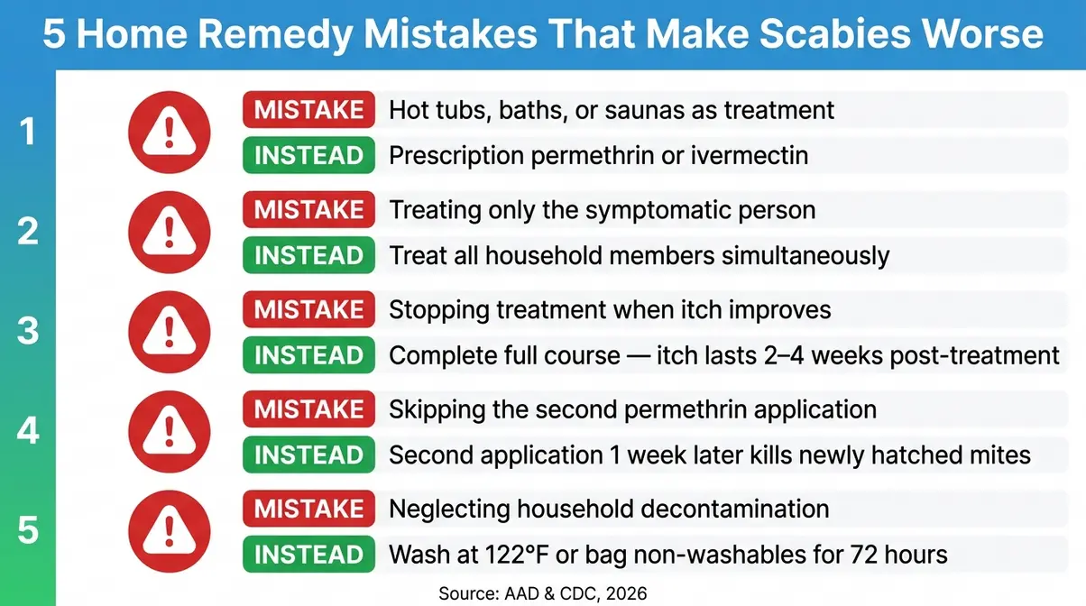 Do Hot Tubs Kill Scabies? A Medical Expert Explains 8 Five scabies home remedy mistakes infographic comparing wrong approaches versus evidence-based alternatives from AAD and CDC