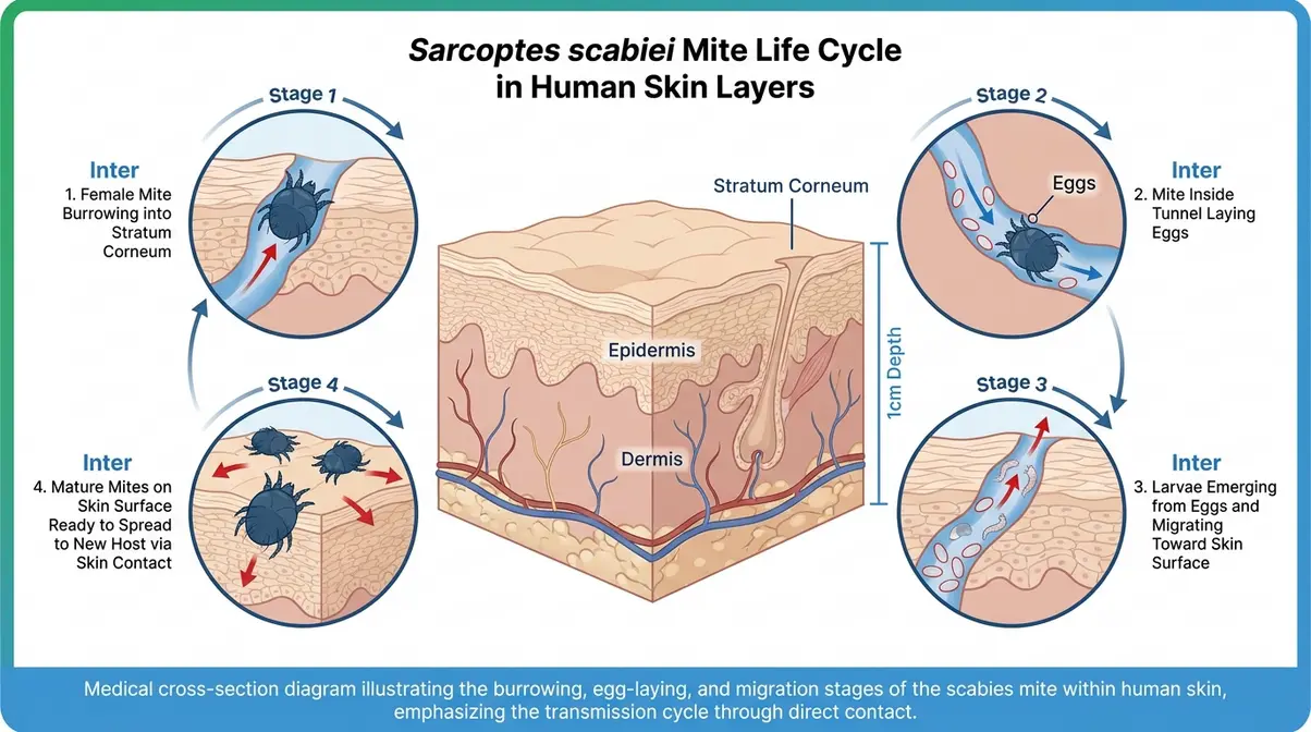 Do Hot Tubs Kill Scabies? The Truth + Proven Treatments 2 Diagram of Sarcoptes scabiei mite burrowing beneath skin surface illustrating why hot tubs cannot kill scabies mites