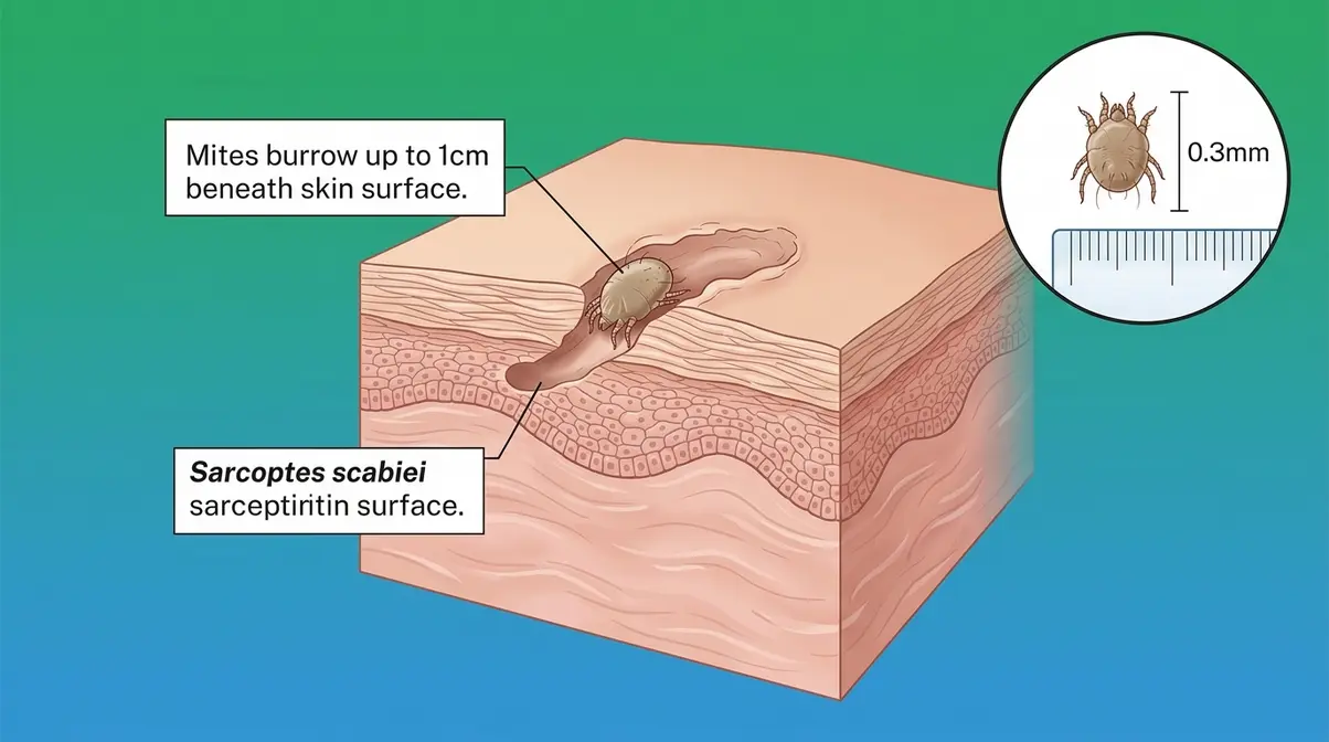 Do Hot Tubs Kill Scabies? The Truth + Proven Treatments 1 Medical illustration of scabies mite burrowing into human skin layers showing why surface treatments fail