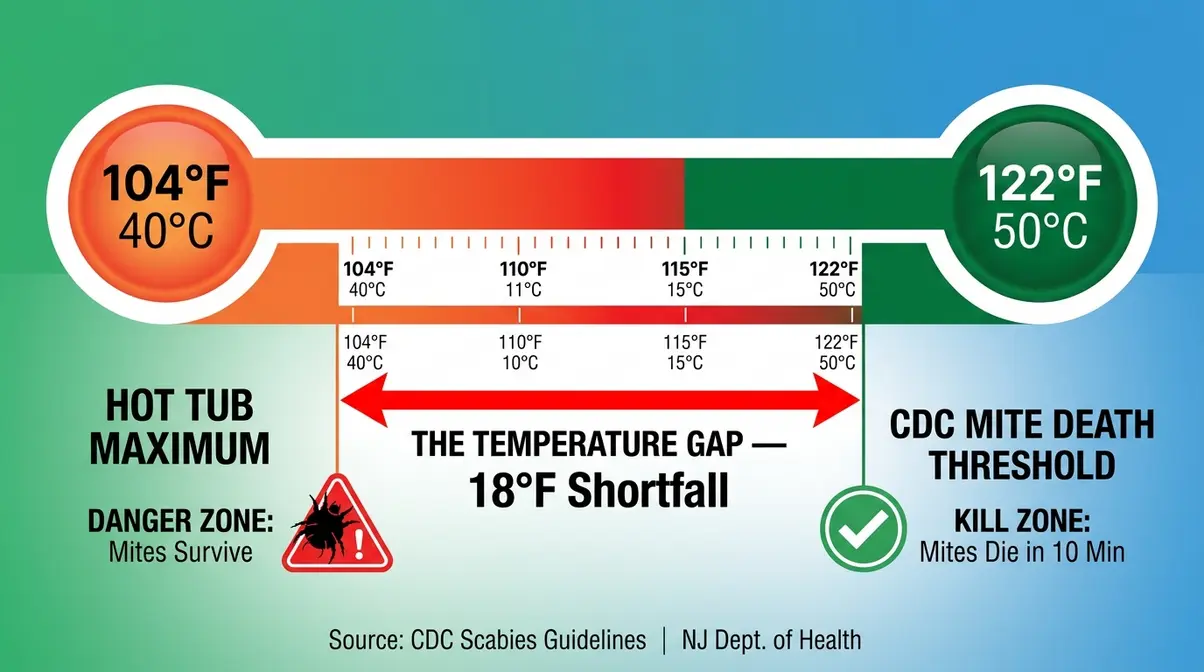 Do Hot Tubs Kill Scabies? The Truth + Proven Treatments 4 Temperature comparison chart showing do hot tubs kill scabies answer: hot tub max 104°F vs. required 122°F mite death threshold