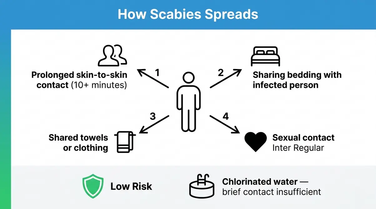 Do Hot Tubs Kill Scabies? A Medical Expert Explains 6 Scabies transmission diagram showing prolonged skin contact as primary route versus low-risk pool and hot tub exposure