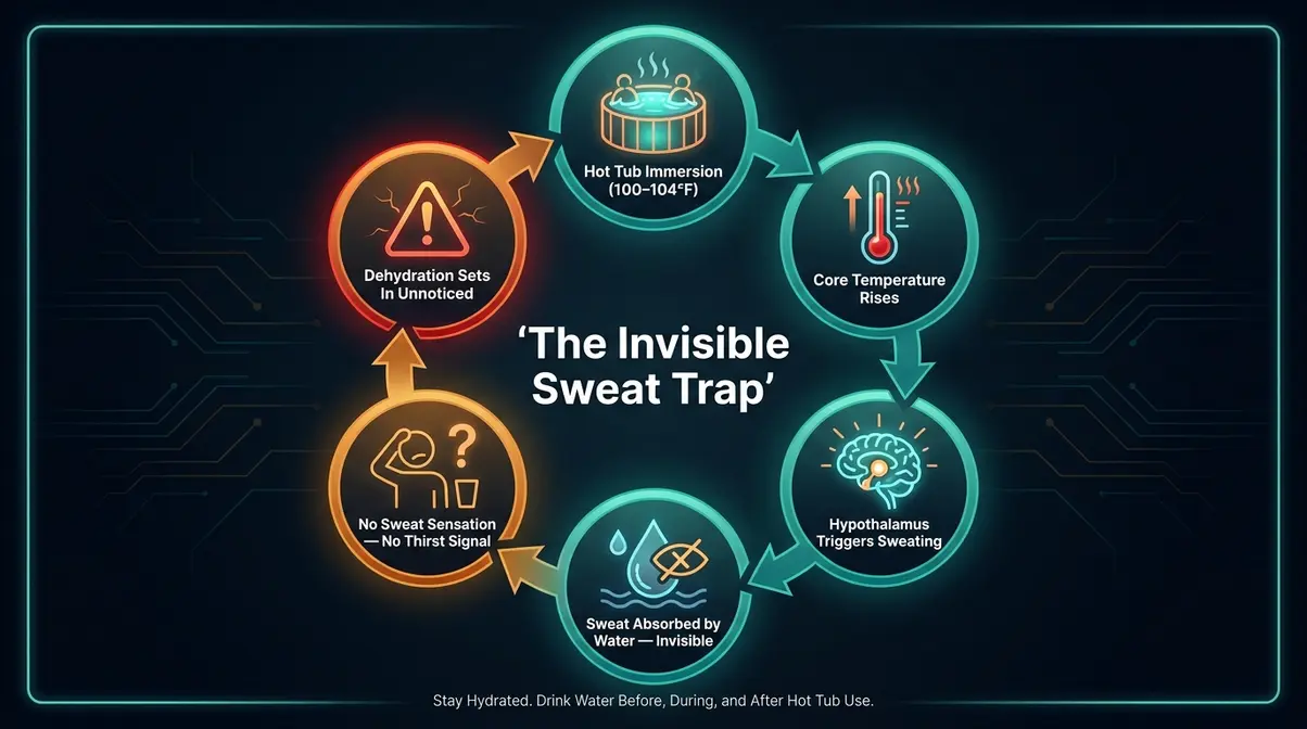 Circular diagram showing the invisible sweat trap cycle that leads to hidden dehydration during hot tub use
