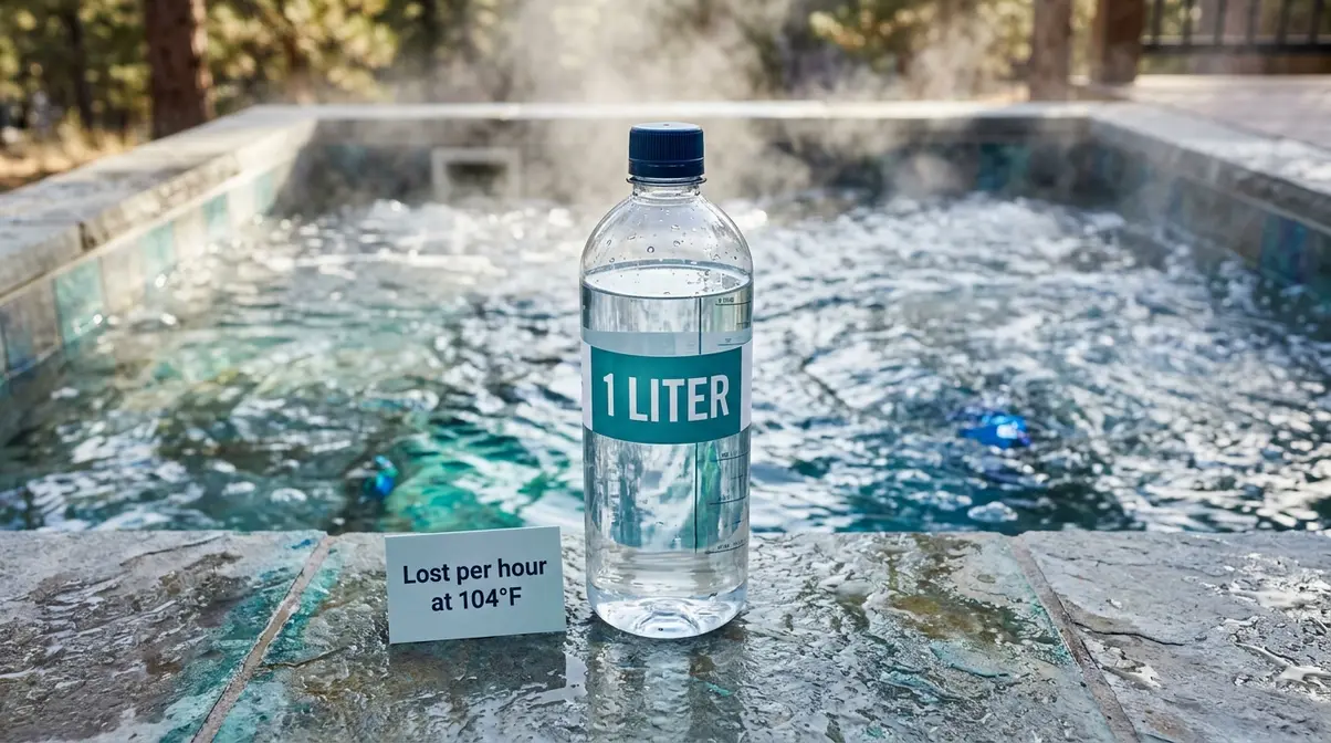 One-liter water bottle beside a steaming hot tub representing fluid loss per hour at 104°F
