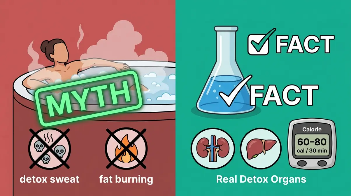 Split illustration debunking hot tub health myths about detox sweating and fat burning with scientific facts