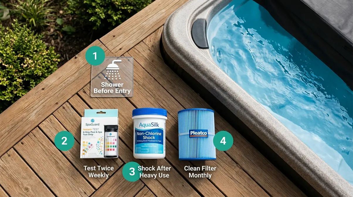 Four hot tub maintenance items showing shower, test kit, shock treatment, and filter for managing sweat contamination