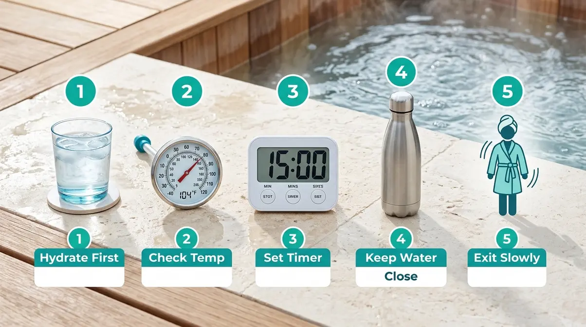Five-step hot tub safety protocol items showing hydration, temperature check, timer, water bottle, and safe exit