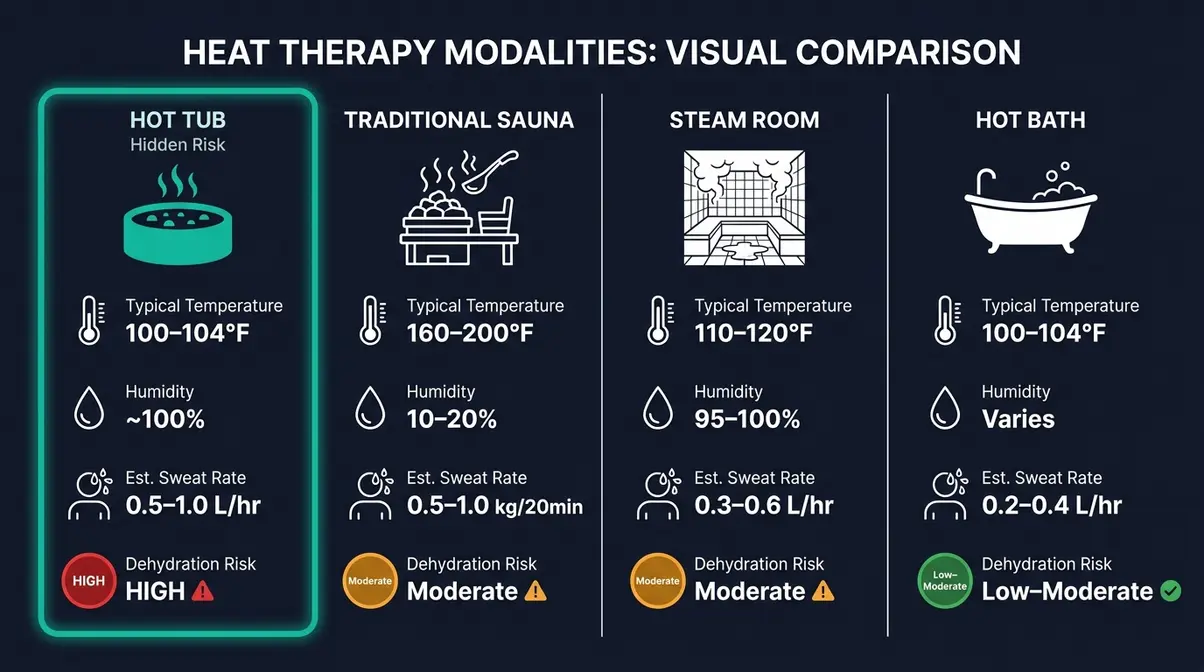 Comparison infographic of sweat rate, temperature, humidity, and dehydration risk for hot tub, sauna, steam room, and bath